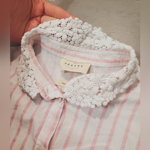 Sezane Gina Button Down Long Sleeve Cotton Shirt. White, Pink Striped. 6US. Lace - Picture 8 of 16